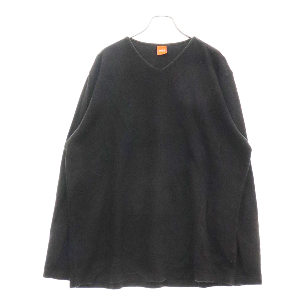 HUGO BOSS(ヒューゴボス) 裾 ロゴエンブロイダリー コットン ブイネック 長袖Tシャツ カットソー ブラック