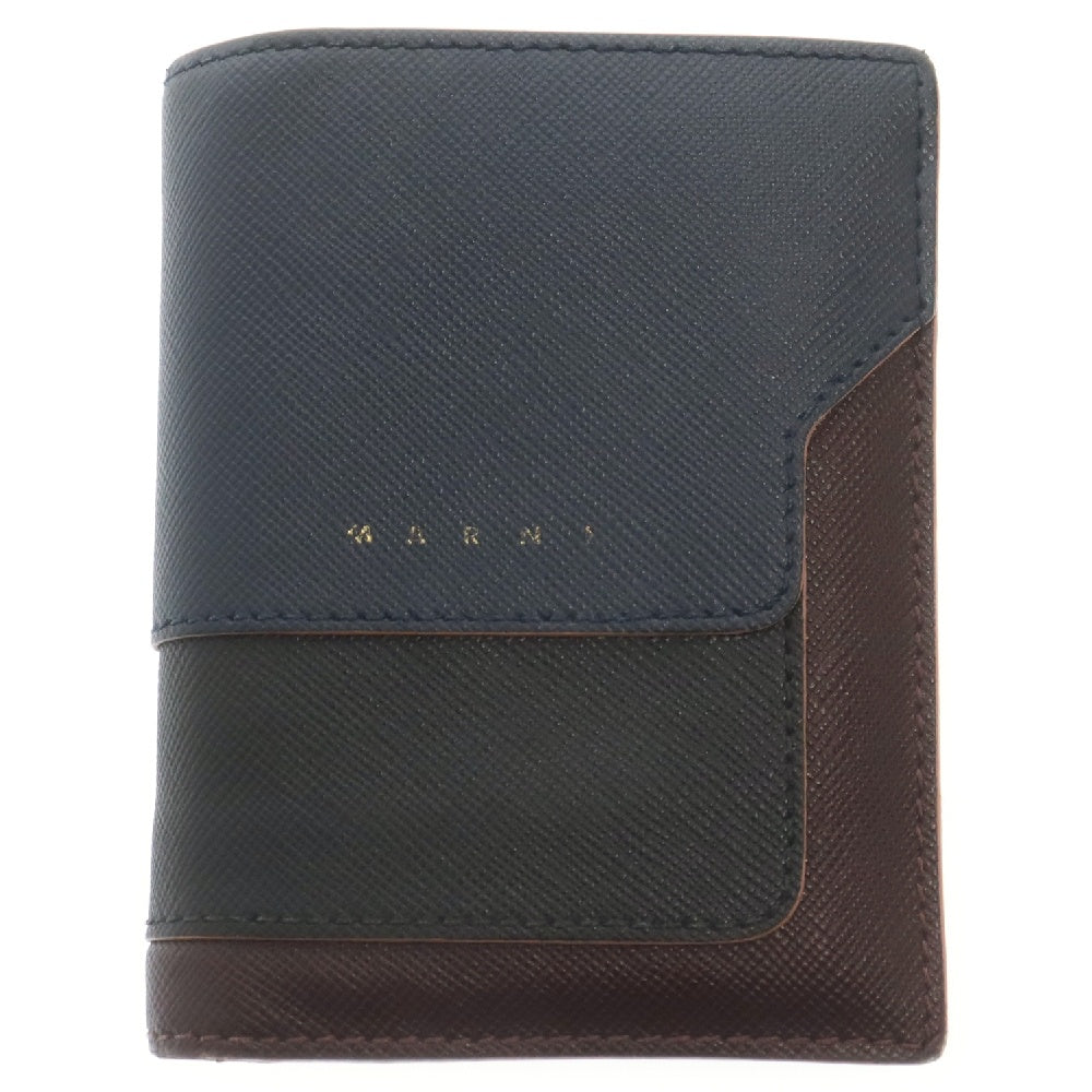 MARNI(マルニ) サフィアーノレザー コンパクトウォレット 二つ折りウォレット ネイビー/ブラウン PFMOQ14U13