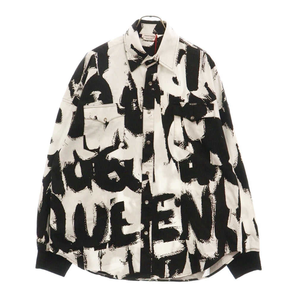 Alexander McQueen(アレキサンダーマックイーン) グラフィティデザイン コットン 総柄 長袖シャツ ブラック/ホワイト 705178 QTS63