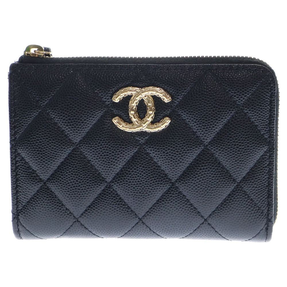 CHANEL(シャネル) 24AW キャビアスキン マトラッセ ラウンドジップ レザー カード コインケース ココマーク ブラック AP4092