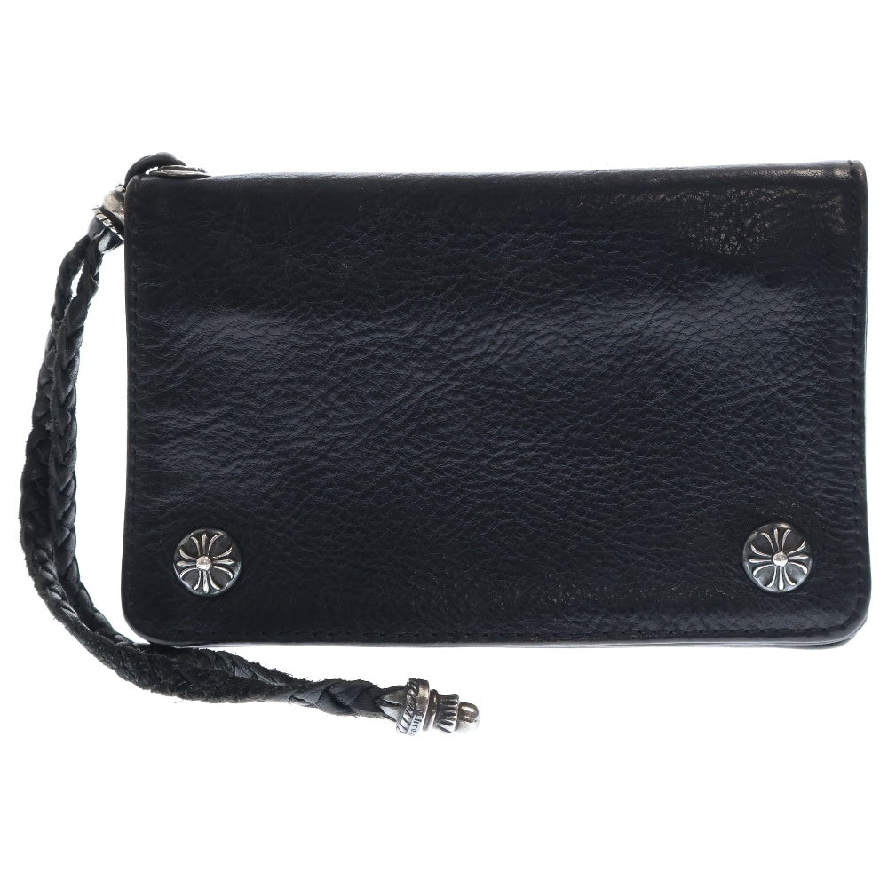 CHROME HEARTS(クロムハーツ) 2ZIP STRAP 2ジップストラップ ストラップ付き クロスボールボタン レザーウォレット 二つ折り財布 ブラック/シルバー