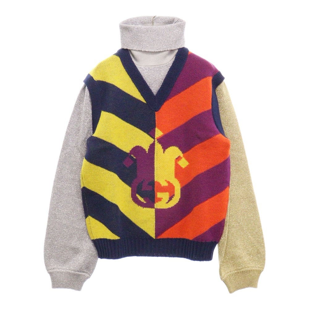 GUCCI(グッチ) Logo Jacquard Knitted Vest ベスト切替 タートルネック 長袖ラメニットセーター マルチ 724770 XKCWH