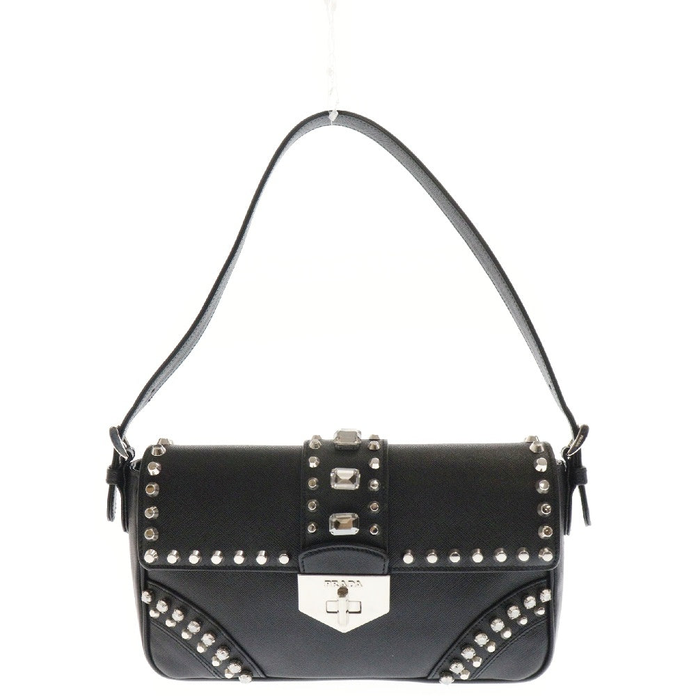 PRADA(プラダ) ビジュー スタッズ レザー ショルダー ハンド バッグ ブラック レディース