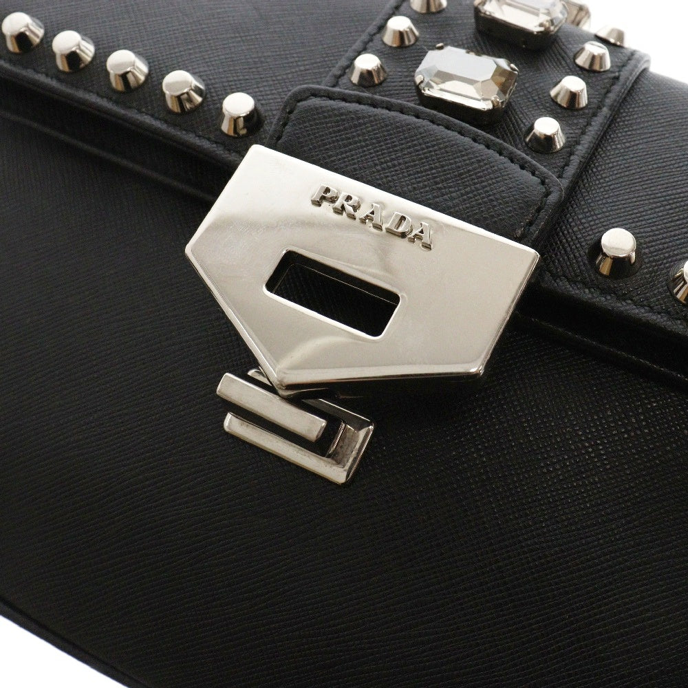 PRADA(プラダ) ビジュー スタッズ レザー ショルダー ハンド バッグ ブラック レディース