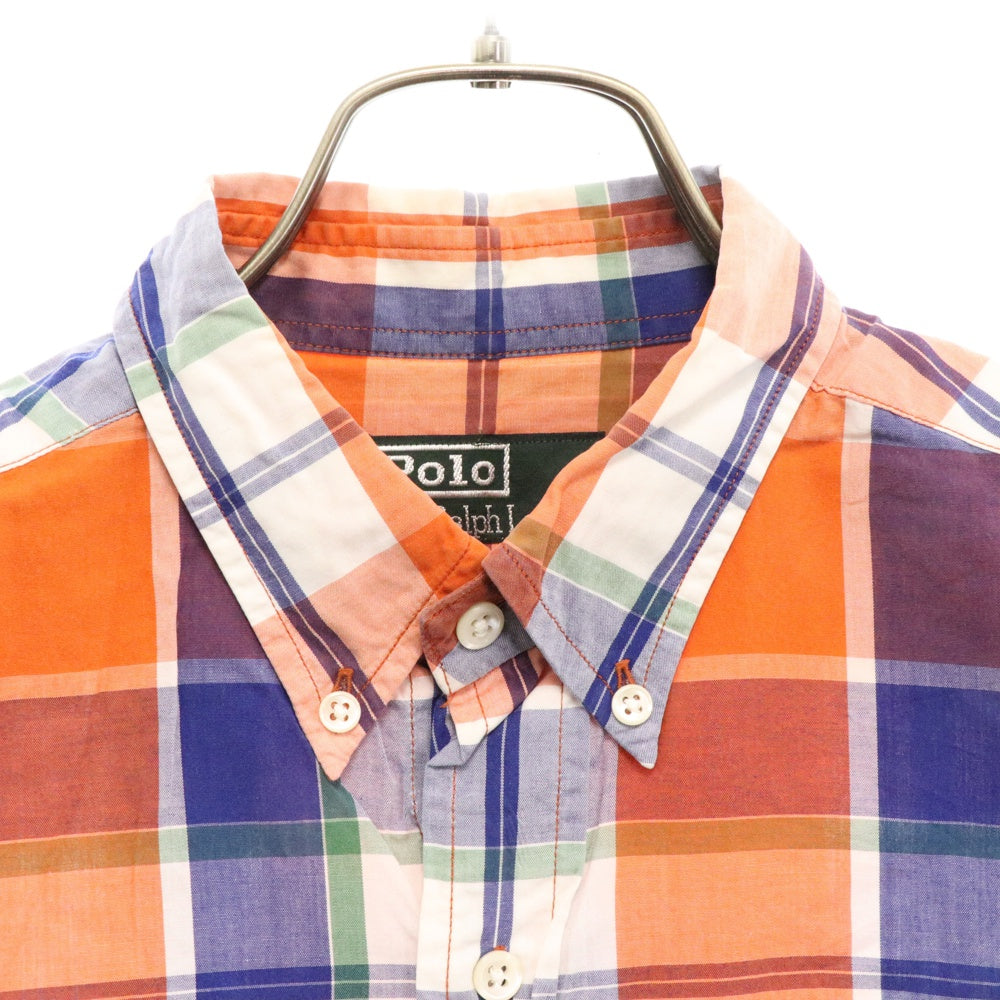 Polo by RALPH LAUREN(ポロバイラルフローレン) 80S VINTAGE ヴィンテージ チェック柄 ボタンダウン 半袖シャツ オレンジ
