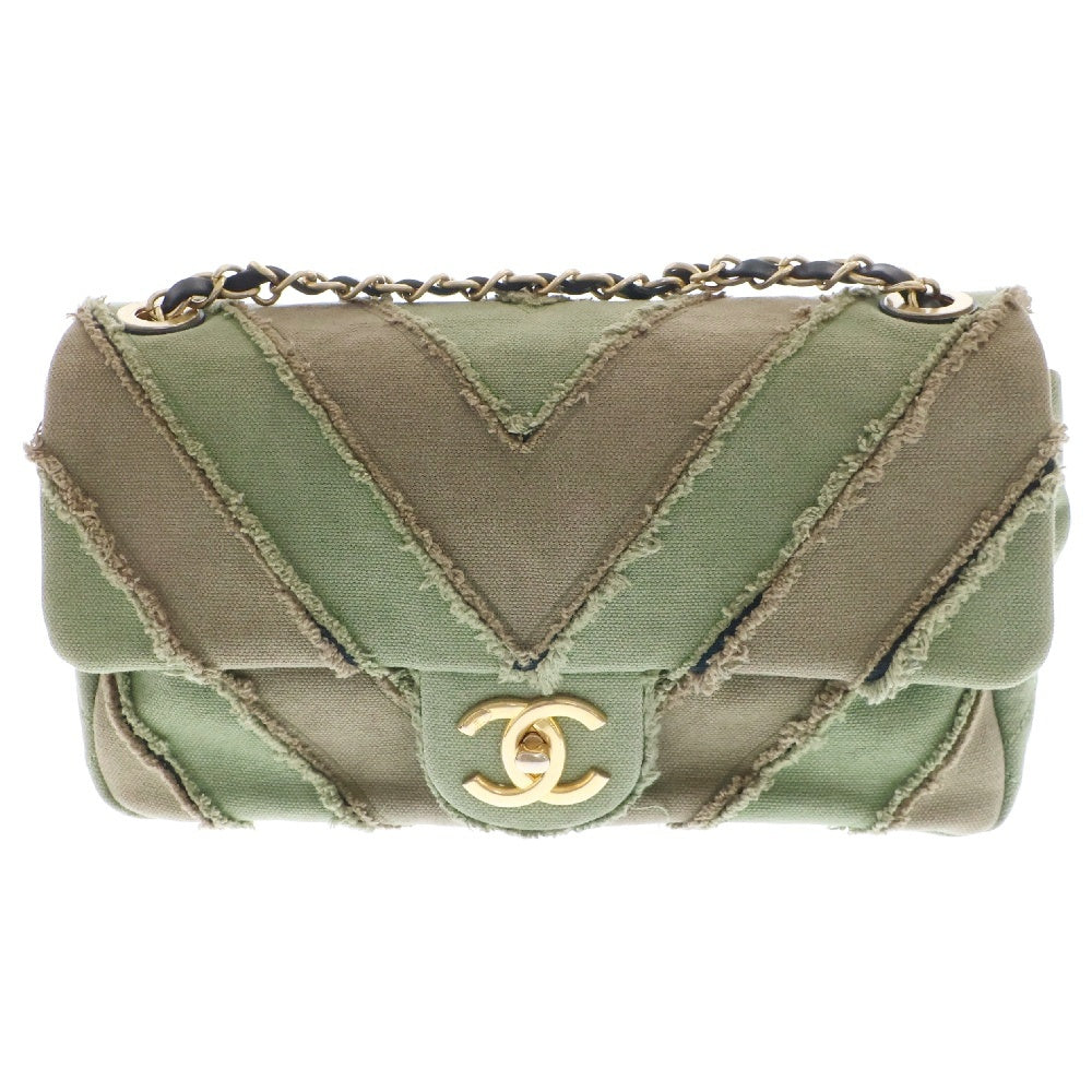 CHANEL(シャネル) シェブロン パッチワーク フラップ ゴールド金具 チェーンショルダーバッグ グリーン/カーキ レディース 23番台