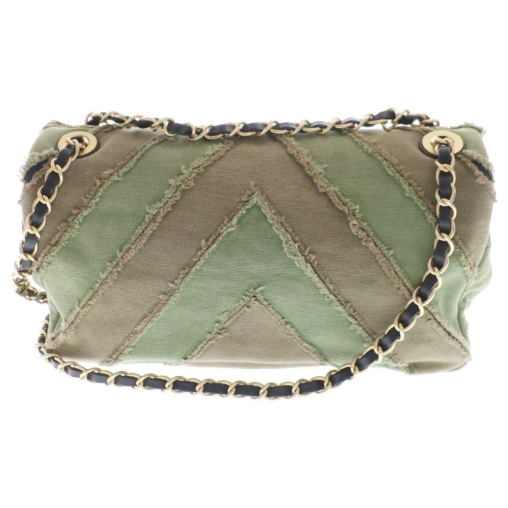 CHANEL(シャネル) シェブロン パッチワーク フラップ ゴールド金具 チェーンショルダーバッグ グリーン/カーキ レディース 23番台