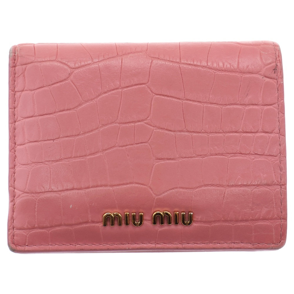 miumiu(ミュウミュウ) ST.COCCO ROSA クロコ型押し エンボスレザー コンパクト ウォレット 二つ折り財布 ピンク/ゴールド 5MV204 2B8G