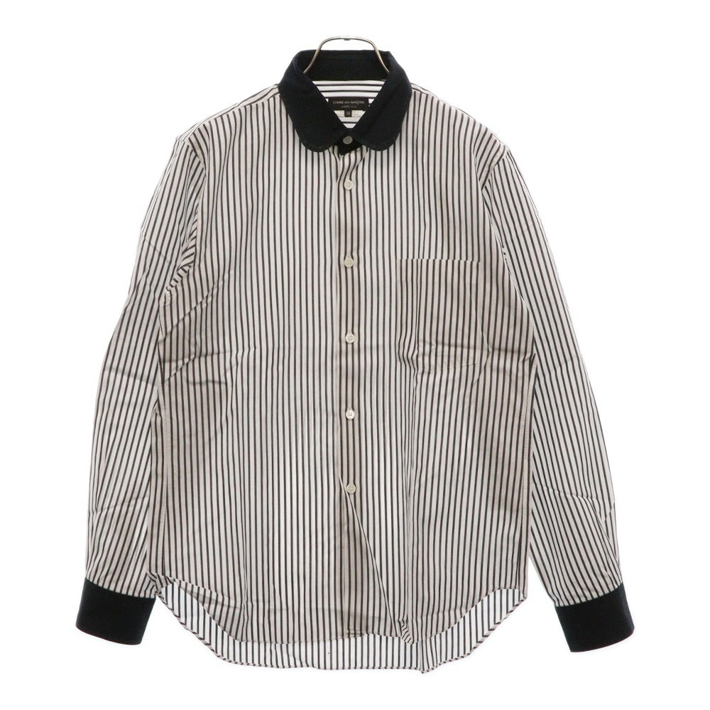 COMME des GARCONS HOMME PLUS(コムデギャルソンオムプリュス) ストライプ柄 丸襟 コットン 長袖シャツ ロングスリーブ ホワイト/ブラック PC-B005