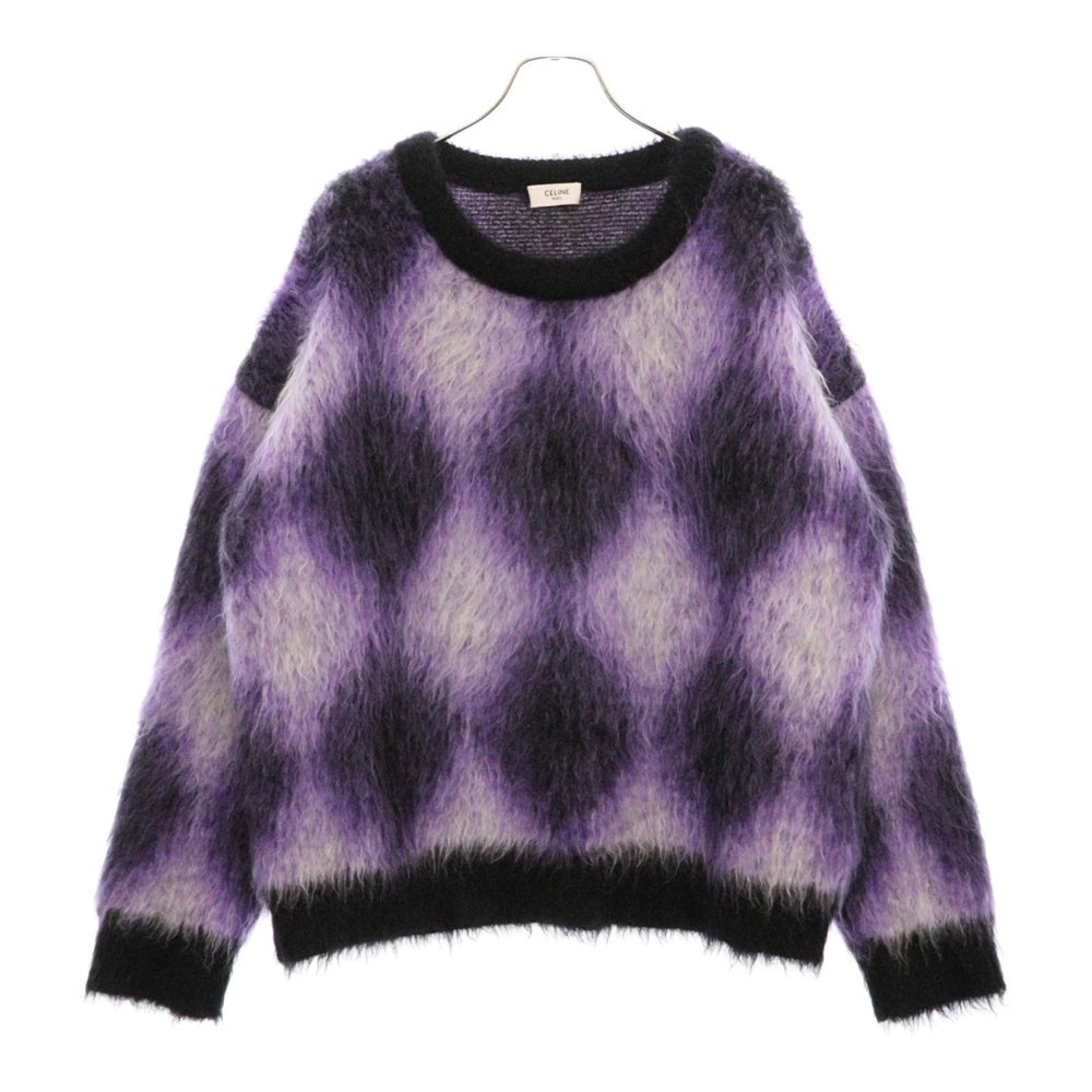 CELINE(セリーヌ) 22AW Argyle Mohair Blend Sweater アーガイルチェック柄 クロップド ボクシー ブラッシュド モヘヤ ウール ニット セーター パープル 2AA24606S