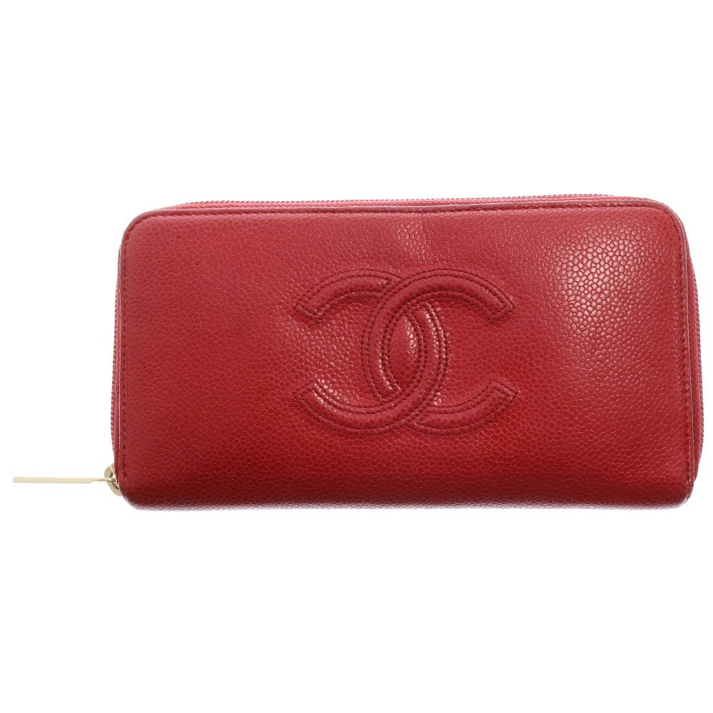 CHANEL(シャネル) ココマーク キャビアスキン ゴールド金具 ラウンドファスナー ロングウォレット 長財布 レッド 27番台 レディース