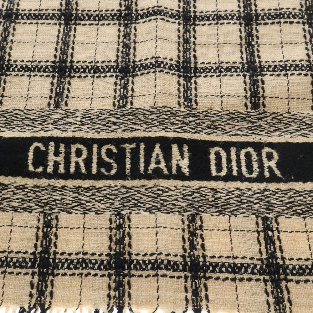 Christian Dior(クリスチャンディオール) 格子柄 ロゴ ウールシルク フリンジ ストール ベージュ/ブラック レディース 02DNC303I120