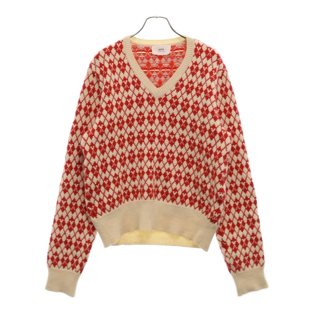 AMI Alexandre Mattiussi(アミアレクサンドルマテュッシ) Small Heart Logo Knit Sweater ハートロゴ総柄 Vネックニットセーター レッド HKS230.030