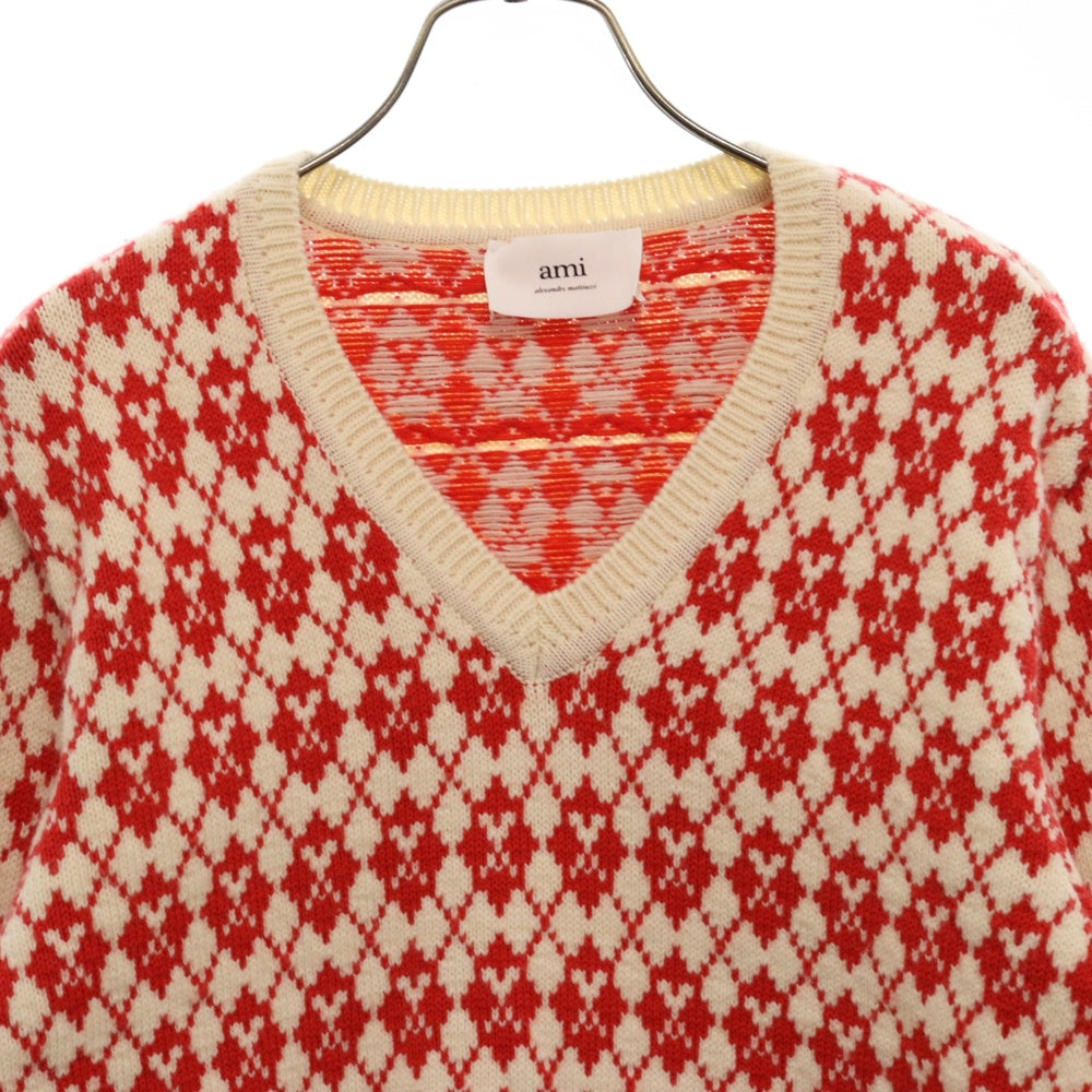 AMI Alexandre Mattiussi(アミアレクサンドルマテュッシ) Small Heart Logo Knit Sweater ハートロゴ総柄 Vネックニットセーター レッド HKS230.030