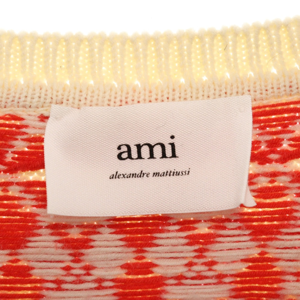 AMI Alexandre Mattiussi(アミアレクサンドルマテュッシ) Small Heart Logo Knit Sweater ハートロゴ総柄 Vネックニットセーター レッド HKS230.030