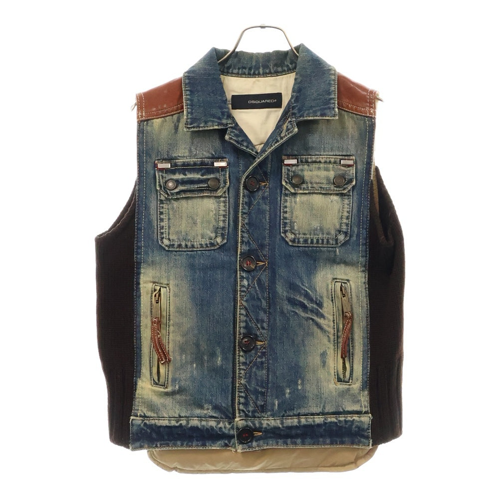DSQUARED2(ディースクエアード) ドッキング ニット レザー 切り替え デニム ダウン ベスト インディゴ/レッド 71FB018
