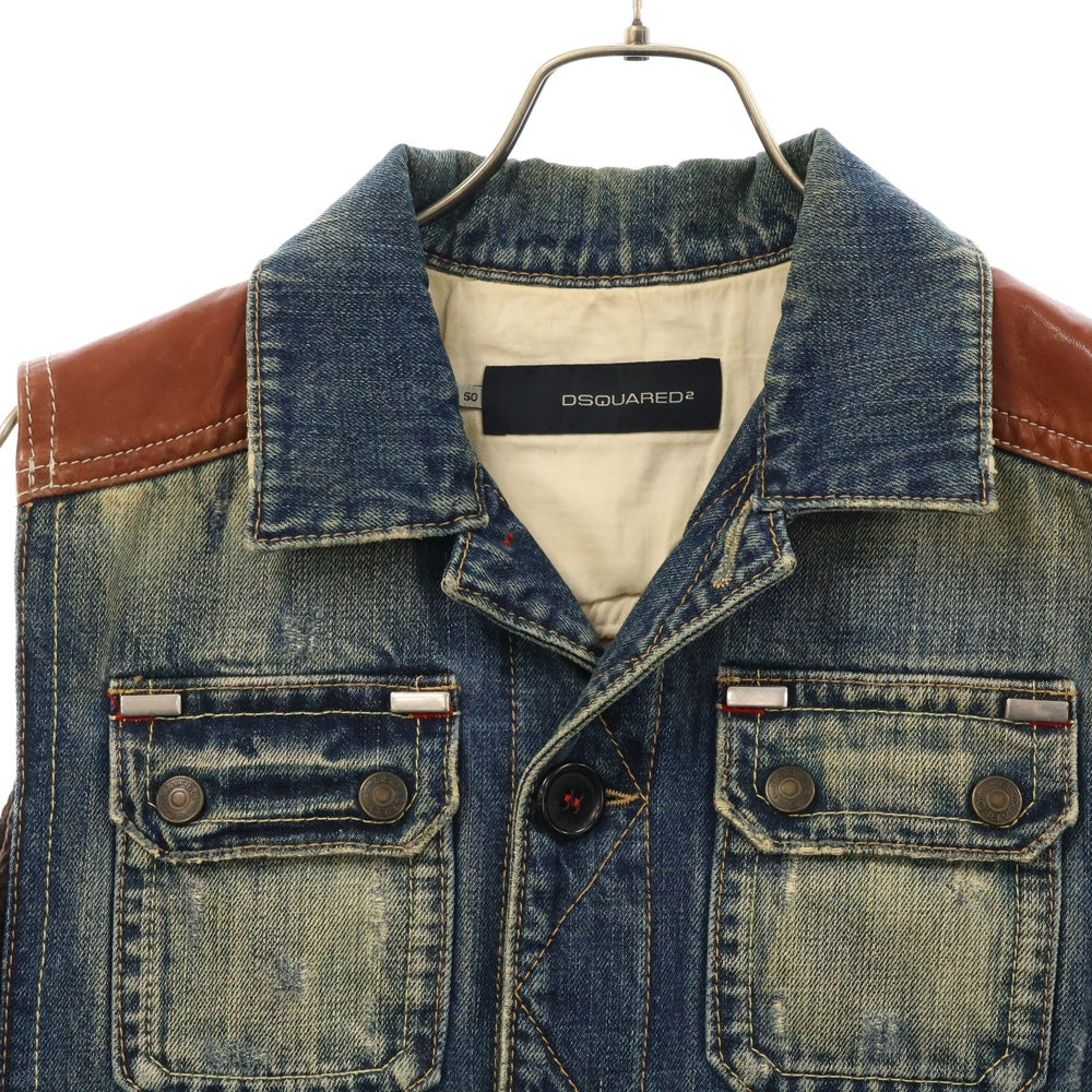 DSQUARED2(ディースクエアード) ドッキング ニット レザー 切り替え デニム ダウン ベスト インディゴ/レッド 71FB018