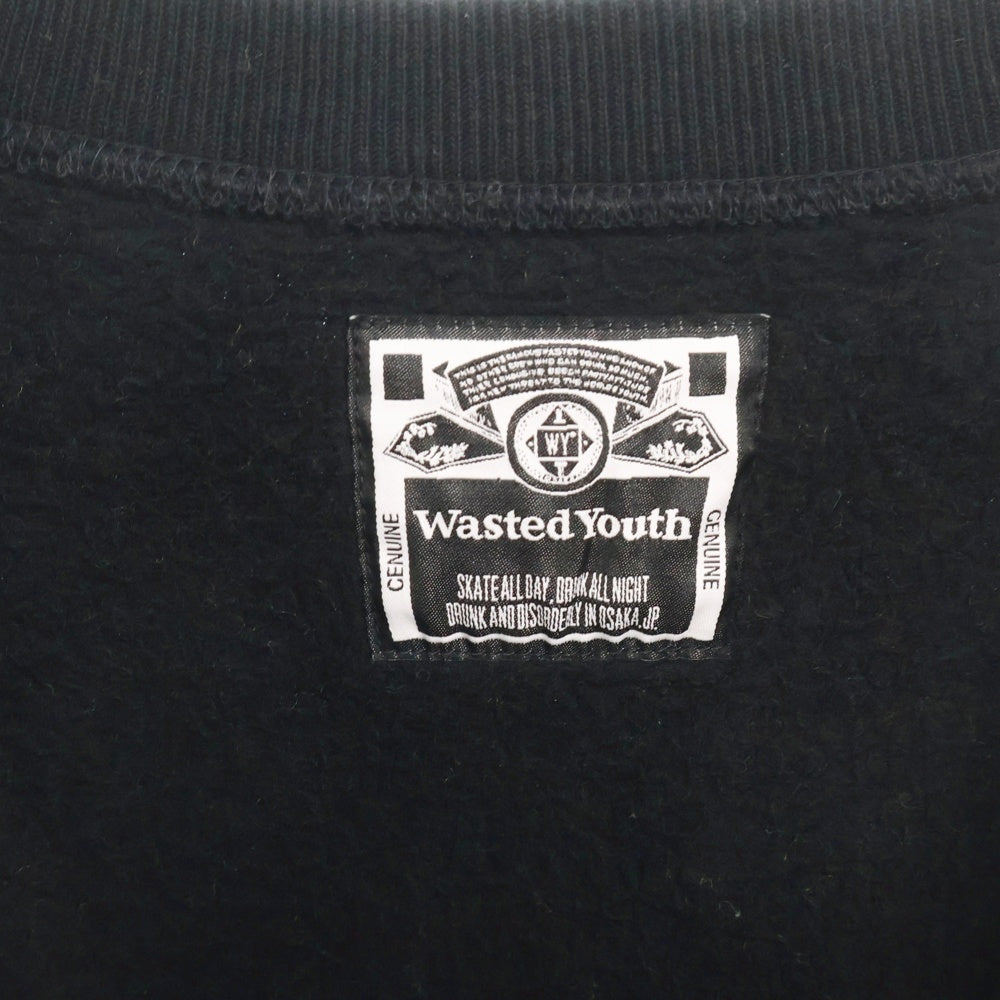 WASTED YOUTH(ウェイステッドユース) Heavy Weight Sweatshirt ヘビーウェイト ロゴプリント クルーネック プルオーバースウェットトレーナー ブラック