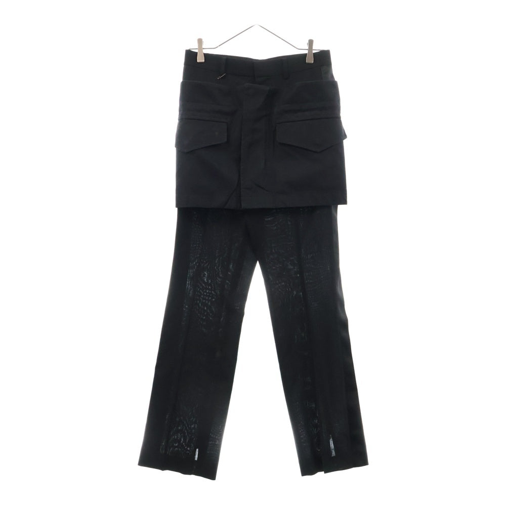 Sacai(サカイ) 23SS スカートレイヤード ノータック サイドライン ウールスラックスパンツ ブラック レディース 23-06612