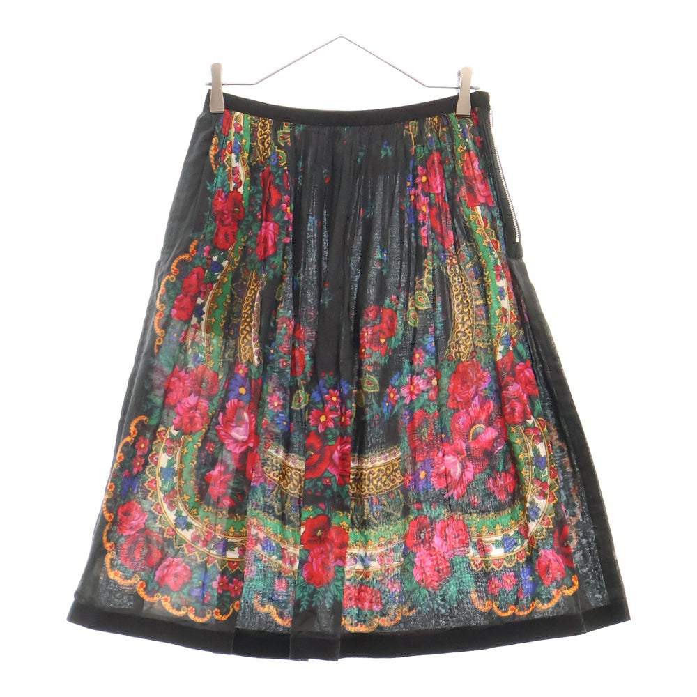tricot COMME des GARCONS(トリコ コム デ ギャルソン) 14SS フラワー総柄プリント ギャザー サイドジップ ミディアム フレアスカート ブラック レディース TM-S045 AD2013