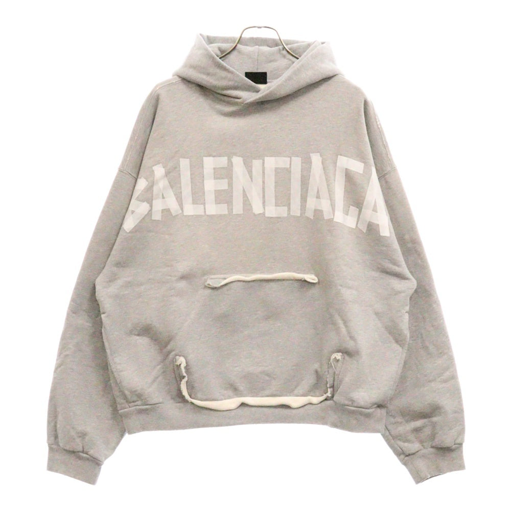 BALENCIAGA(バレンシアガ) 24SS TAPE LOGO HOODIE テープロゴ ダメージ加工 プルオーバースウェットパーカー フーディー グレー 744441 TRVK2