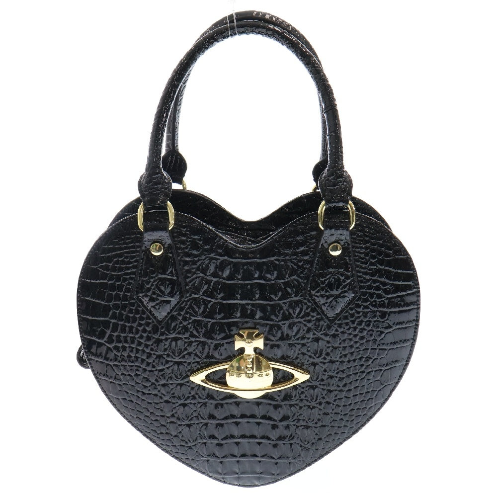 Vivienne Westwood(ヴィヴィアンウエストウッド) クロコ型押し オーブメタルロゴ ハート型 2WAY ハンド ショルダーバッグ ブラック/ゴールド レディース 61VV169