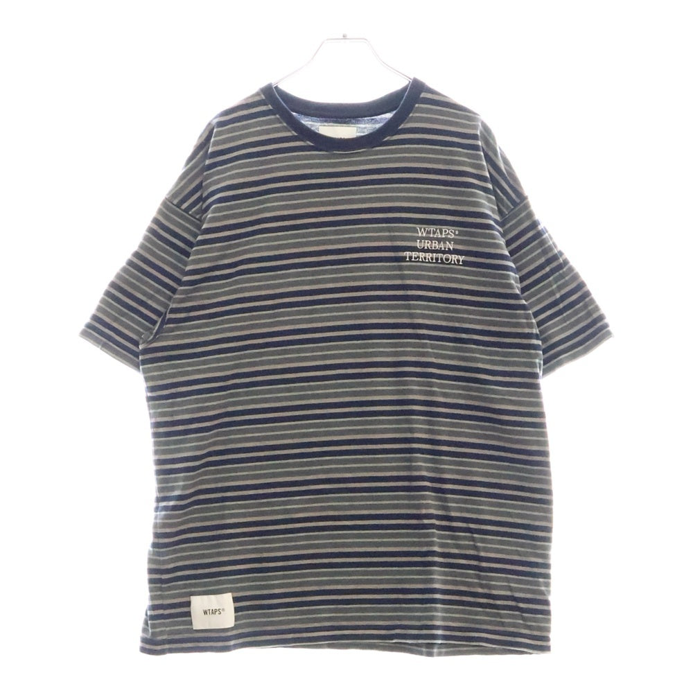 WTAPS(ダブルタップス) 23SS BDY 01 SS COTTON.TEXTILE.WUT ボーダー総柄 ロゴ刺繍 半袖カットソー ネイビー 231ATDT-CSM27