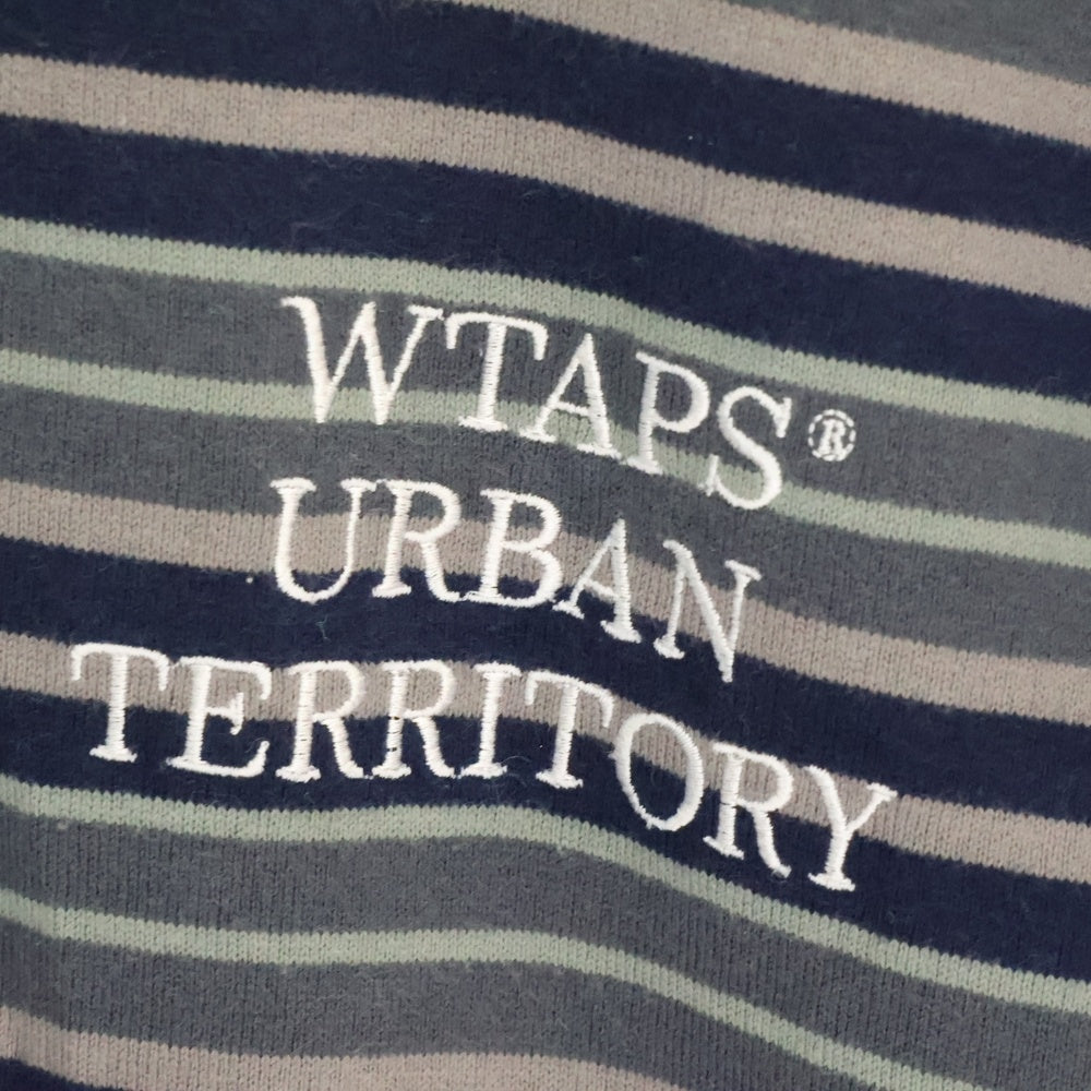 WTAPS(ダブルタップス) 23SS BDY 01 SS COTTON.TEXTILE.WUT ボーダー総柄 ロゴ刺繍 半袖カットソー ネイビー 231ATDT-CSM27