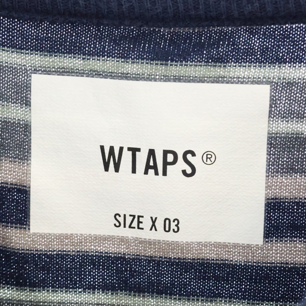 WTAPS(ダブルタップス) 23SS BDY 01 SS COTTON.TEXTILE.WUT ボーダー総柄 ロゴ刺繍 半袖カットソー ネイビー 231ATDT-CSM27