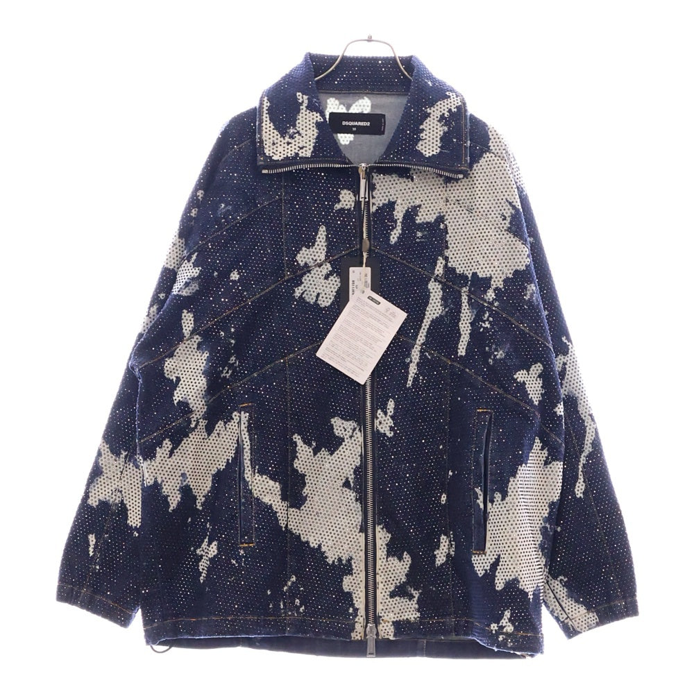 DSQUARED2(ディースクエアード) 21AW ラインストーン装飾 総柄 ジップアップ デニムジャケット インディゴ S74AM1198 S30685
