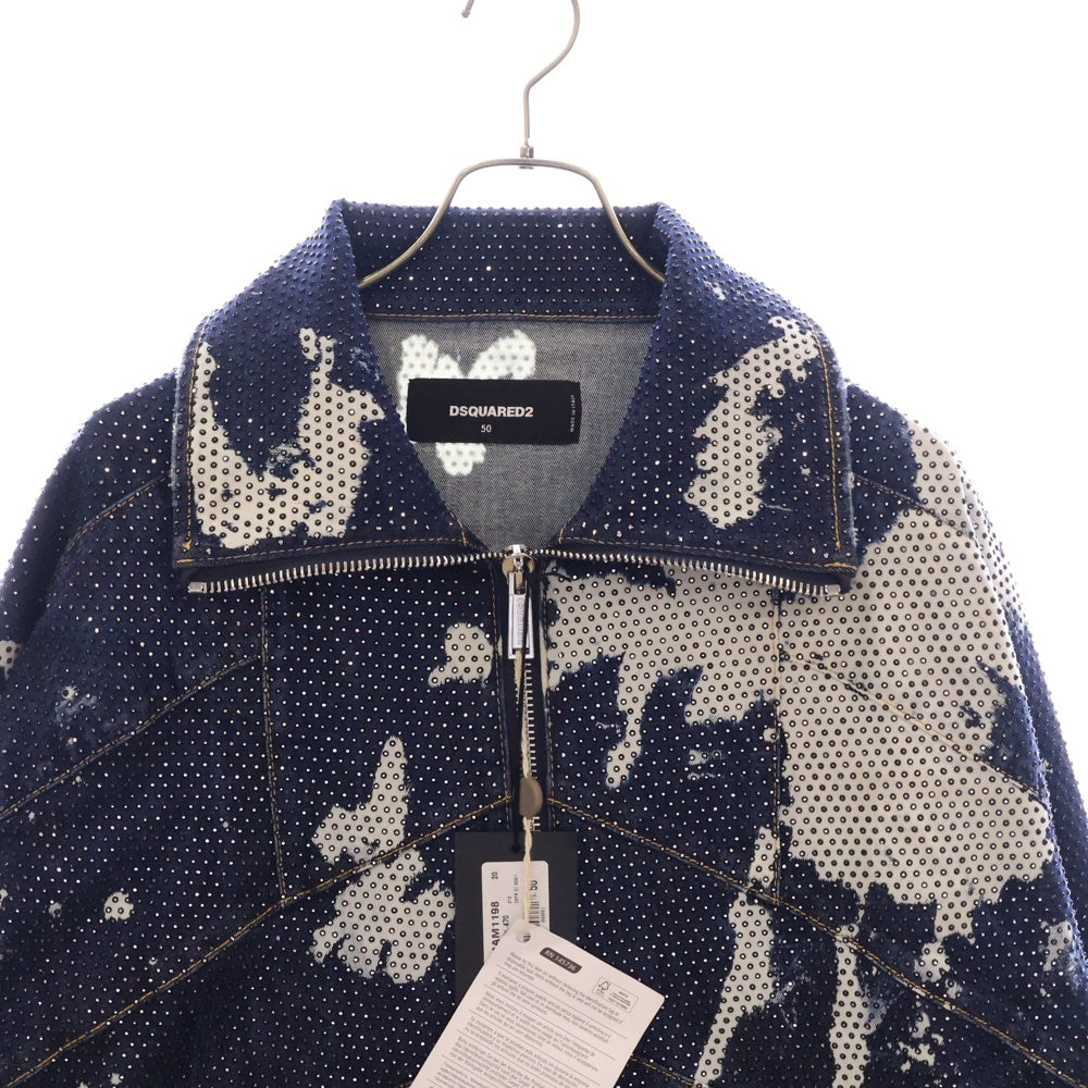 DSQUARED2(ディースクエアード) 21AW ラインストーン装飾 総柄 ジップアップ デニムジャケット インディゴ S74AM1198 S30685