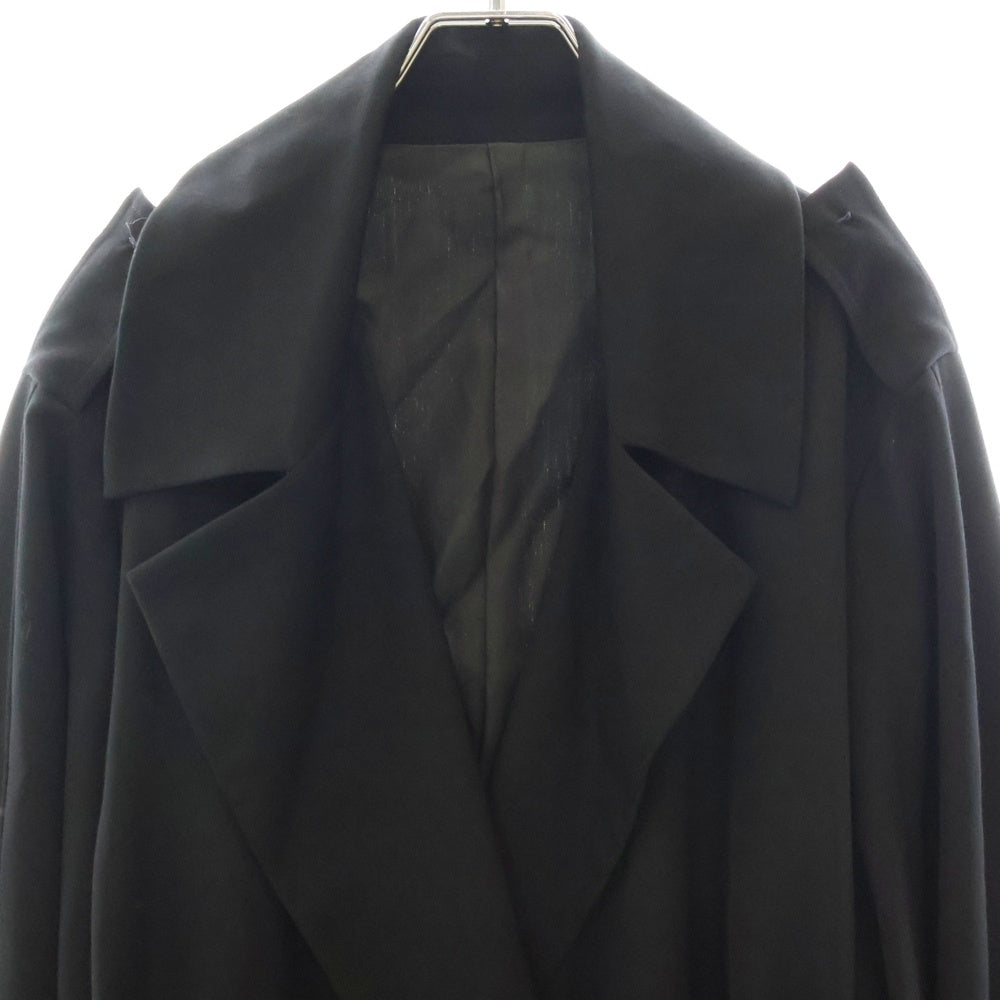 Yohji Yamamoto(ヨウジヤマモト) エポーレット糸留め ベルト付き テーラードカラー ウール ガウンコート ブラック ※サンプル品