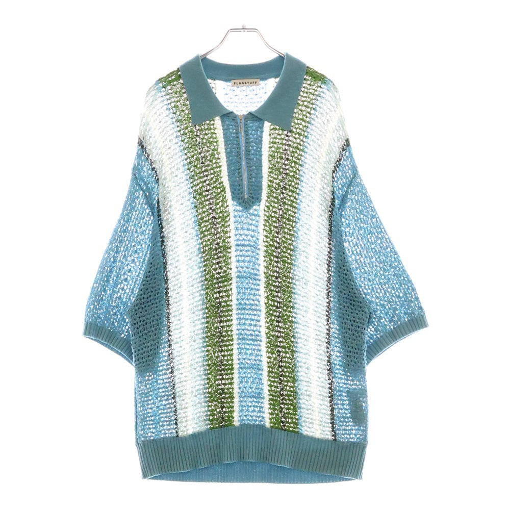 F-LAGSTUF-F(フラグスタフ) 24SS STRIPE S/S H/Z SUMMER SWEATER ストライプ総柄 ハーフジップ 半袖 サマーセーター ニット ポロシャツ ライトブルー/グリーン FS1476