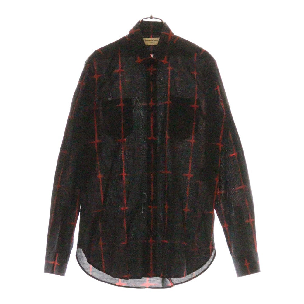 SAINT LAURENT PARIS(サンローランパリ) 17SS 染めチェック柄 レギュラーカラー フロントポケット 長袖シャツ ブラック/レッド 469667 Y364Q