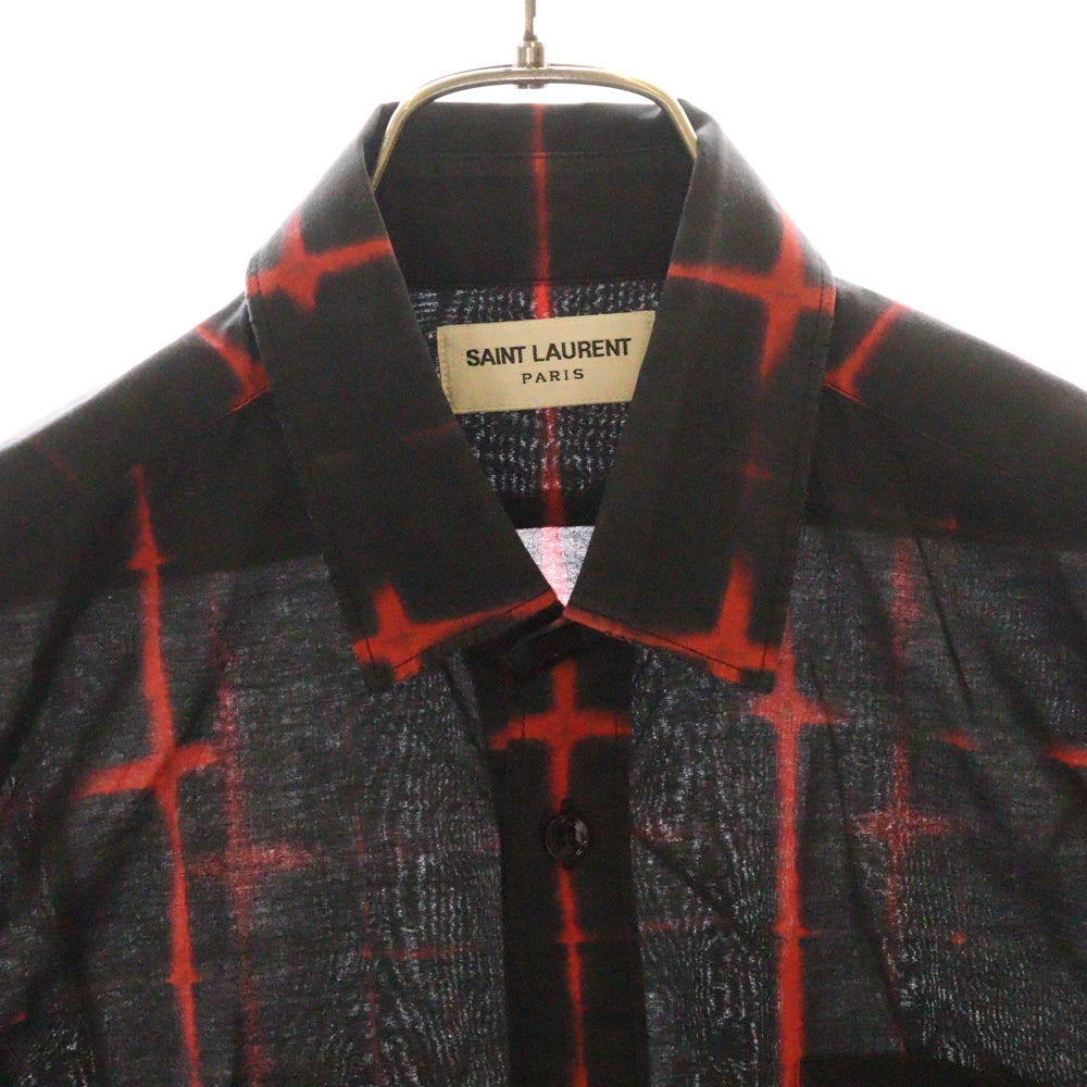 SAINT LAURENT PARIS(サンローランパリ) 17SS 染めチェック柄 レギュラーカラー フロントポケット 長袖シャツ ブラック/レッド 469667 Y364Q