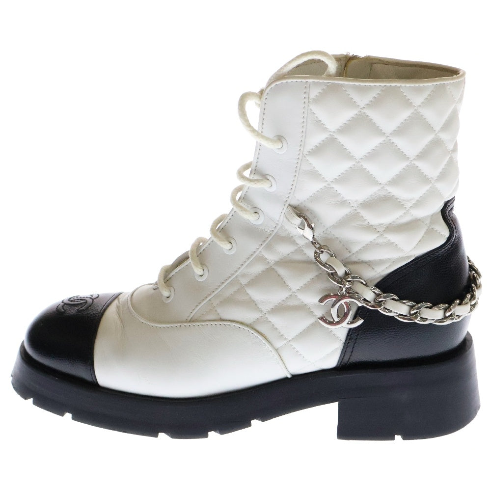 CHANEL(シャネル) 22AW Leather Lace Up Boots ココマーク マトラッセ チェーン レースアップ レザーブーツ ホワイト G39393