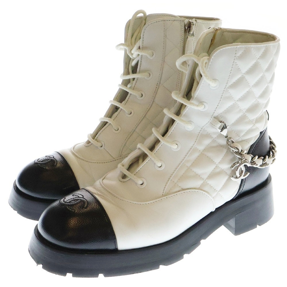 CHANEL(シャネル) 22AW Leather Lace Up Boots ココマーク マトラッセ チェーン レースアップ レザーブーツ ホワイト G39393