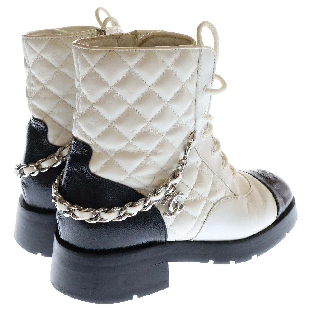 CHANEL(シャネル) 22AW Leather Lace Up Boots ココマーク マトラッセ チェーン レースアップ レザーブーツ ホワイト G39393