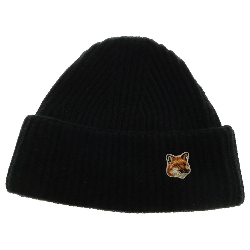 MAISON KITSUNE(メゾンキツネ) FOX HEAD BEANIE フォックスヘッドパッチ ウールニット ビーニー 帽子 ブラック HU06149KT1022