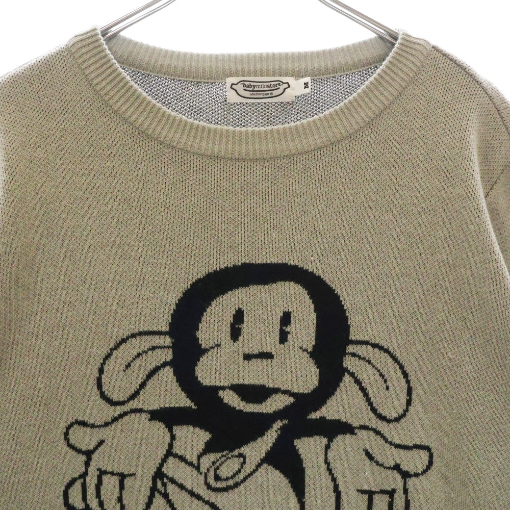 A BATHING APE(アベイシングエイプ) 初期 BABYMILOSTOREタグ フロントキャラクタープリント クルーネック アクリルコットンニット セーター グレー