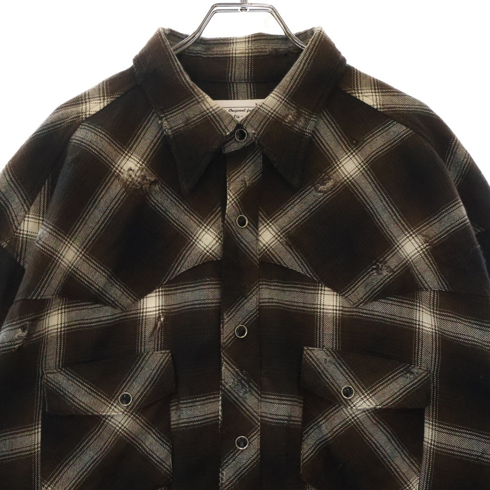 Rafu(ラフ) ANTIQUED SHIRT アンティーク ダメージ加工 フランネルチェック長袖シャツ ブラウン 002-23-01