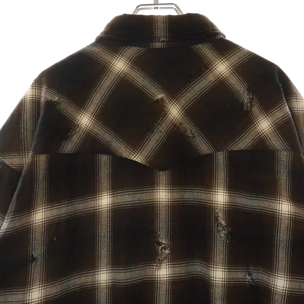 Rafu(ラフ) ANTIQUED SHIRT アンティーク ダメージ加工 フランネルチェック長袖シャツ ブラウン 002-23-01