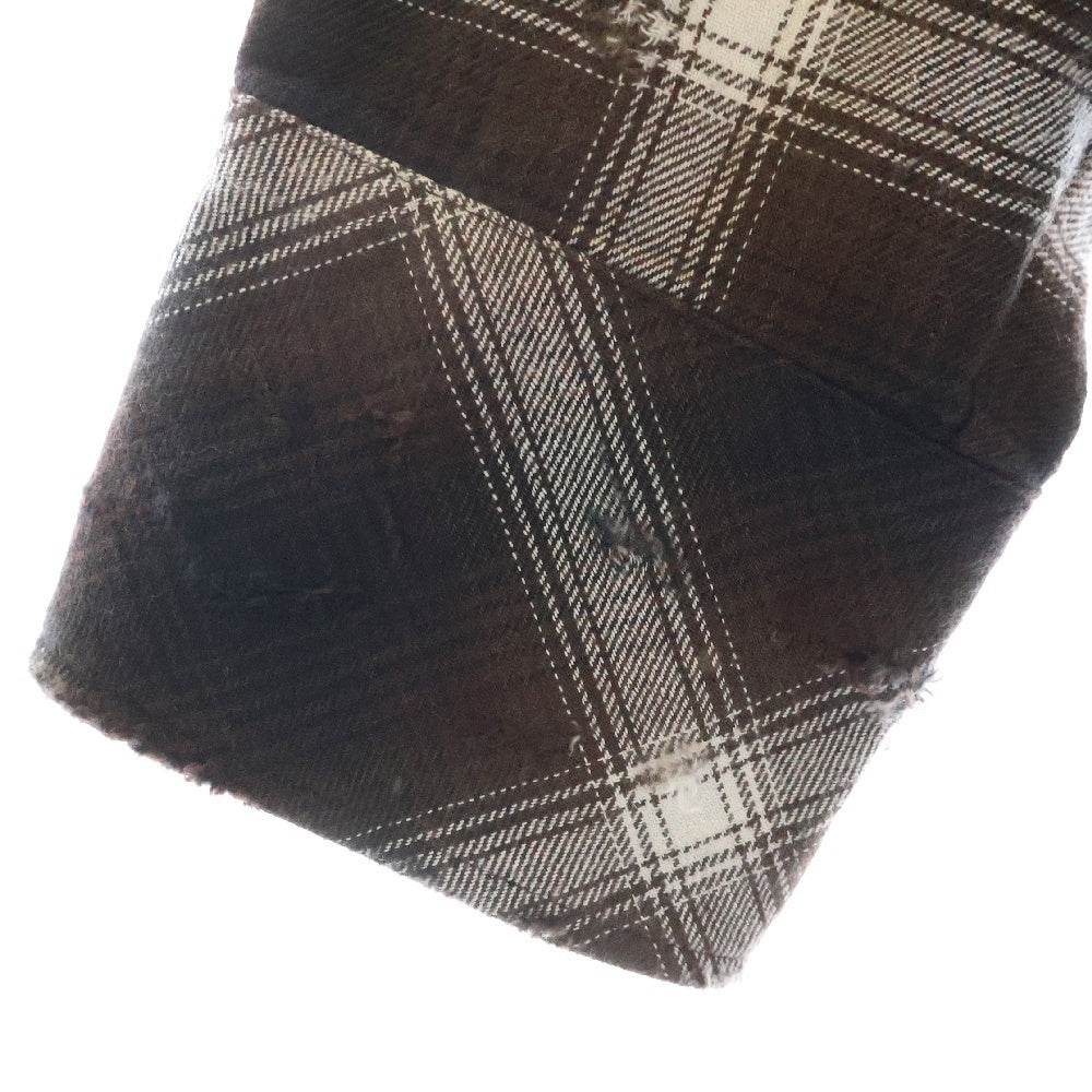 Rafu(ラフ) ANTIQUED SHIRT アンティーク ダメージ加工 フランネルチェック長袖シャツ ブラウン 002-23-01