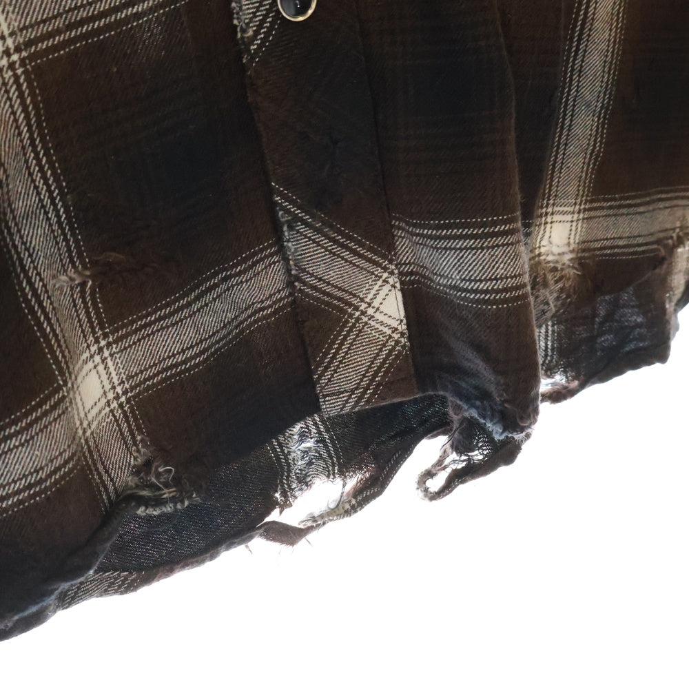 Rafu(ラフ) ANTIQUED SHIRT アンティーク ダメージ加工 フランネルチェック長袖シャツ ブラウン 002-23-01