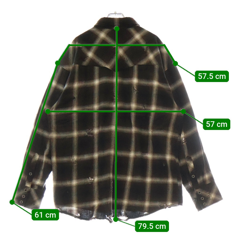 Rafu(ラフ) ANTIQUED SHIRT アンティーク ダメージ加工 フランネルチェック長袖シャツ ブラウン 002-23-01