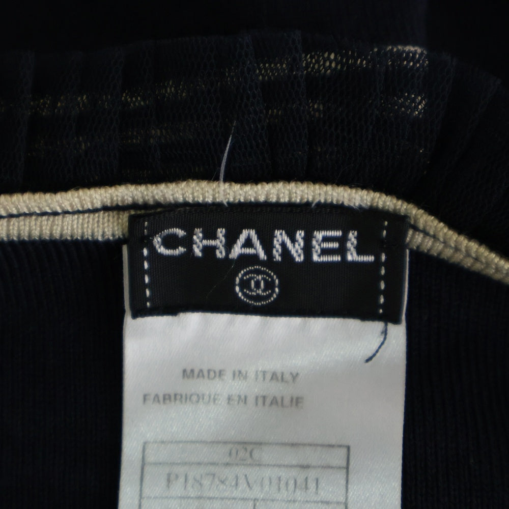 CHANEL(シャネル) 02Cruise クルーズ ボーダー柄 ラインストーンココマークロゴプレート シルク ノースリーブ キャミソール ネイビー レディース P18784V01041