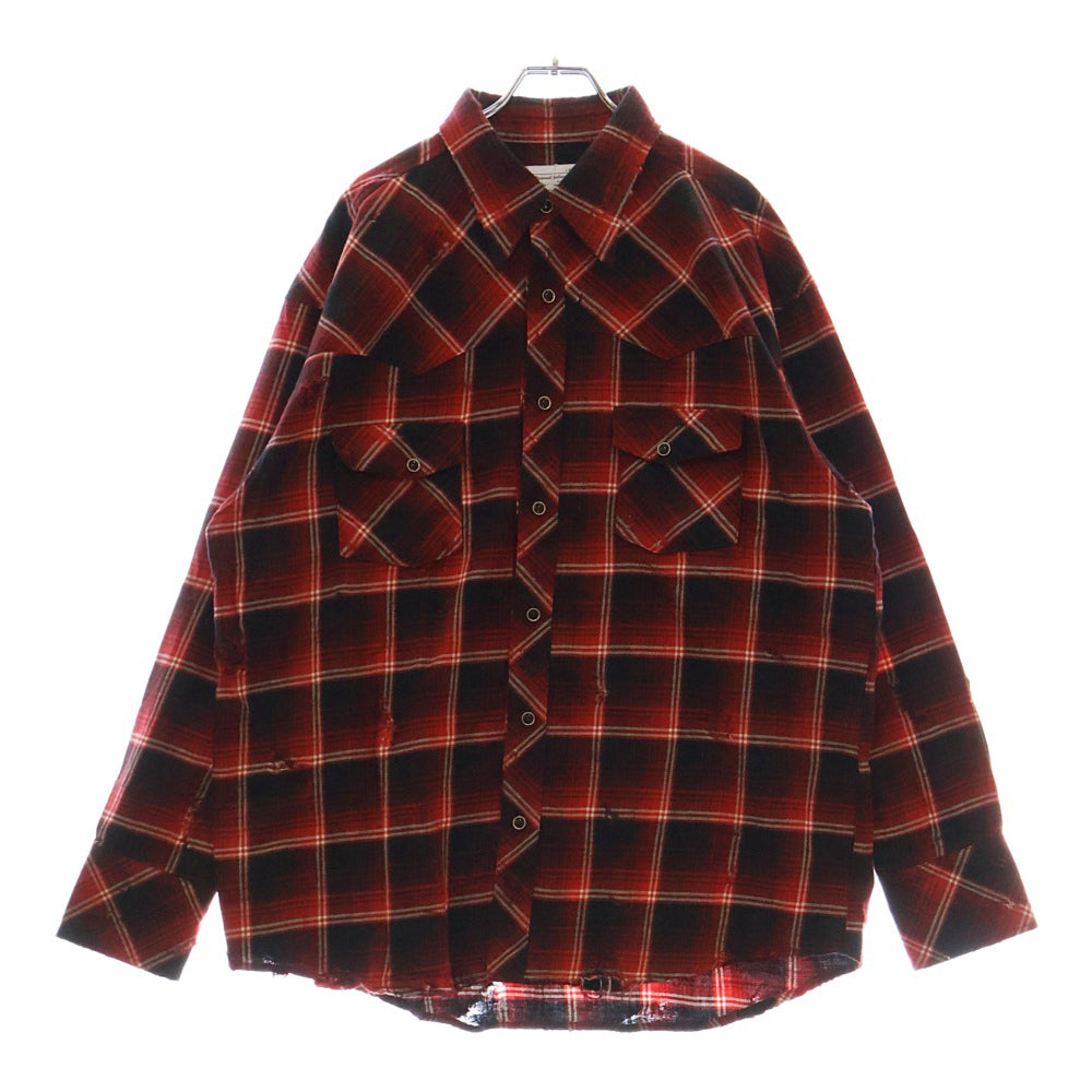 Rafu(ラフ) 23SS WESTERN SHIRTS ダメージ加工 チェック柄 長袖 ウエスタンシャツ レッド RAFU-002-23-01