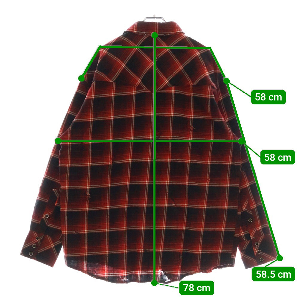 Rafu(ラフ) 23SS WESTERN SHIRTS ダメージ加工 チェック柄 長袖 ウエスタンシャツ レッド RAFU-002-23-01