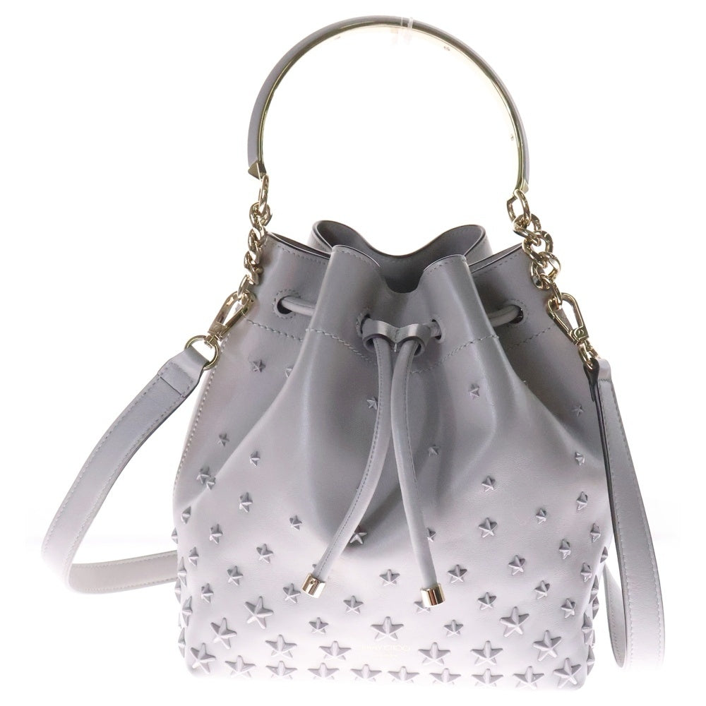 JIMMY CHOO(ジミーチュウ) BON BON BUCKET ボンボンバケット スタースタッズ ドローストリング 2Way レザー ハンド ショルダーバッグ グレー レディース