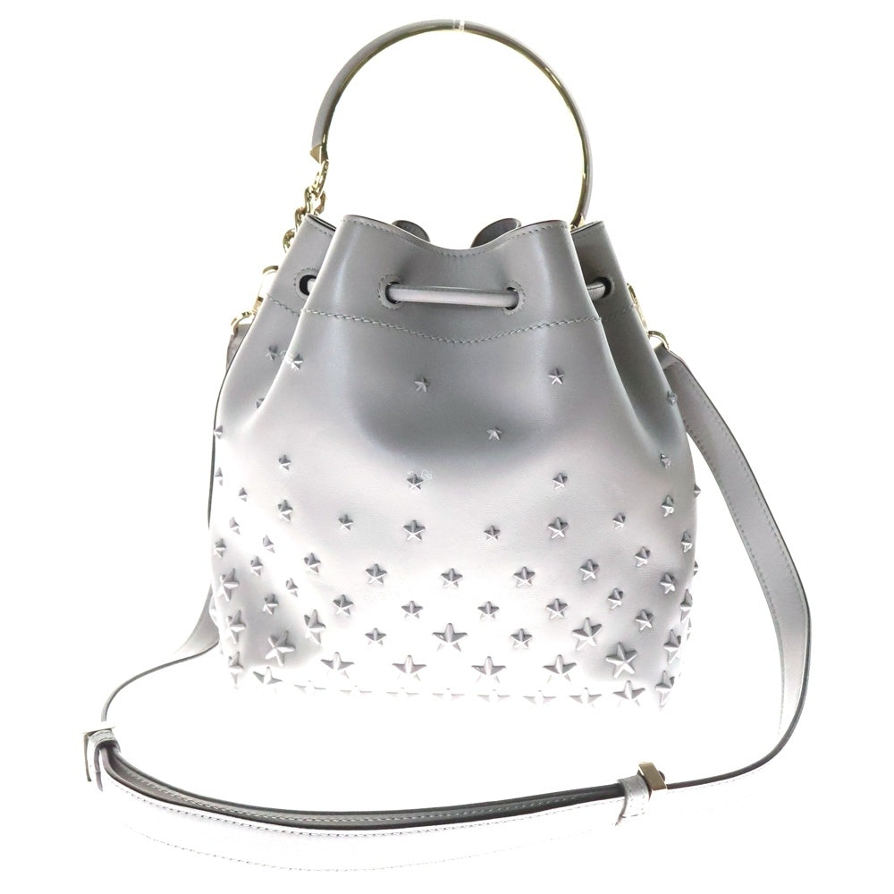 JIMMY CHOO(ジミーチュウ) BON BON BUCKET ボンボンバケット スタースタッズ ドローストリング 2Way レザー ハンド ショルダーバッグ グレー レディース